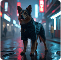 A dog in a cyberpunk setting