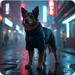 A dog in a cyberpunk setting